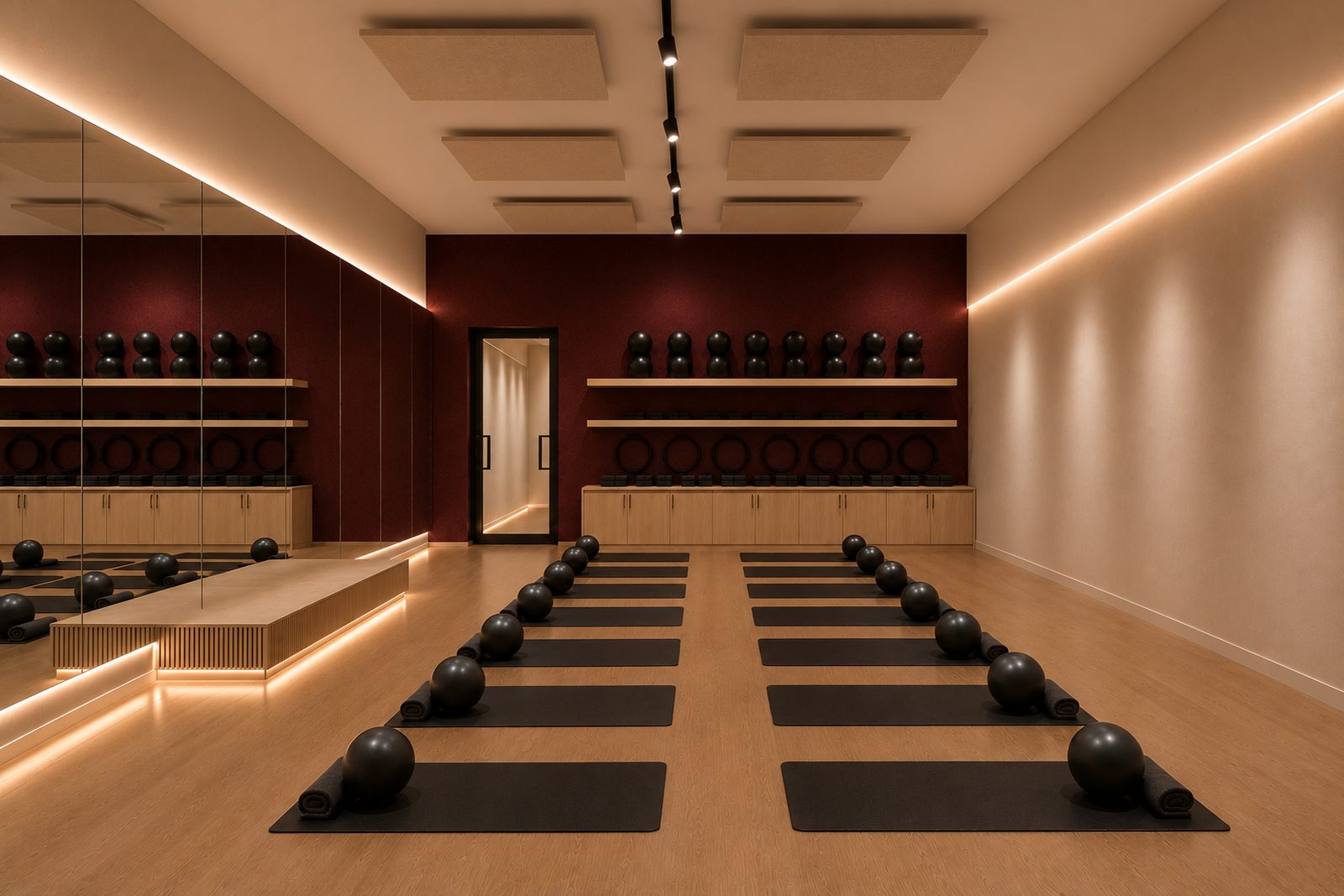 The heated mat room: two rows of black mats on a warm oak floor, each set with a rolled towel and a weighted ball, facing a mirrored wall. A deep burgundy wall behind holds oak shelves of weighted balls and Pilates rings.